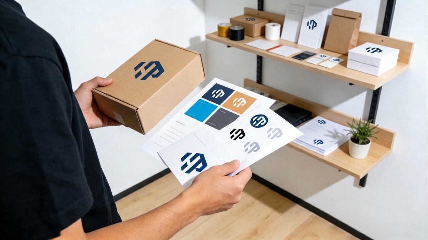 A small creative studio, with minimalist packaging materials displayed on the shelves. A young designer is holding a simple branded mailer box, checking HuiPacking's printing and paper samples..jpg