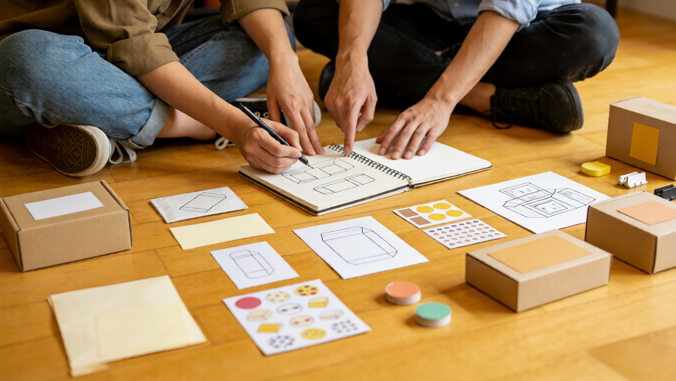 Two startup founders are sitting on the floor, surrounded by packaging samples, stickers, tissue paper, and small boxes, discussing ideas while sketching packaging concepts in a notebook, with warm natural light, capturing a real moment of collaboration..jpg